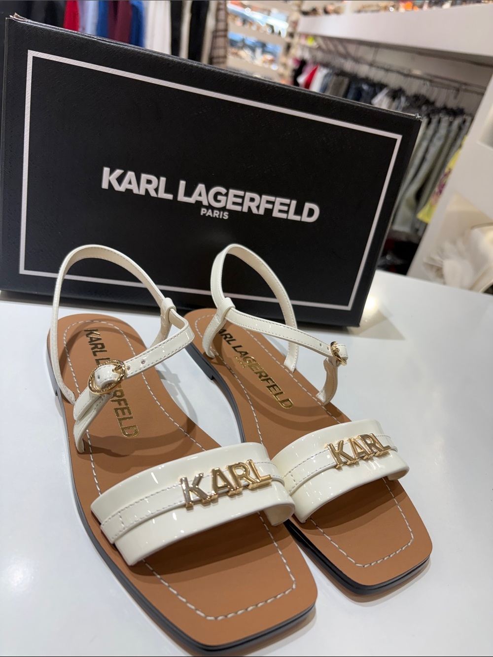 Karl Lagerfeld White Patent Logo Strap Slingback Sandals